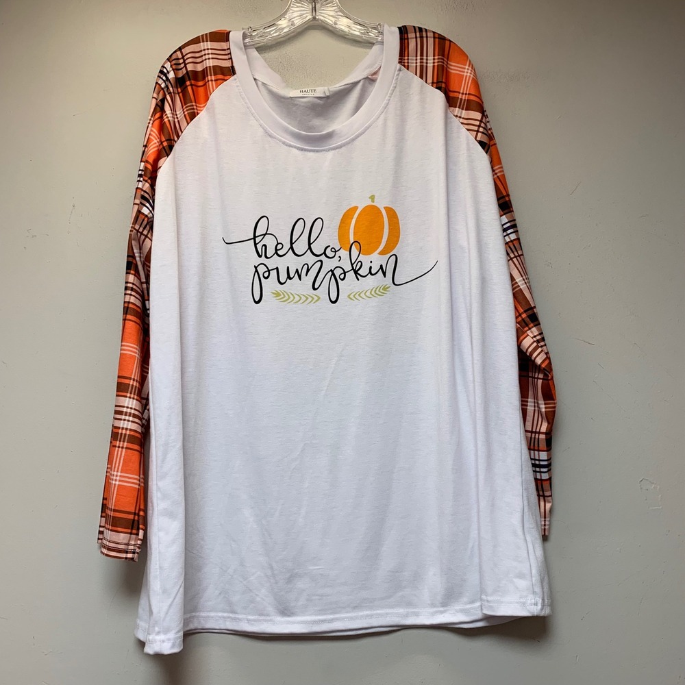 Haute Edition Raglan Graphic Tee Women 3X White Excellent Hello Pumpkin Plaid